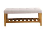 40" Light Gray and Brown Upholstered Polyester Bench with Shelves