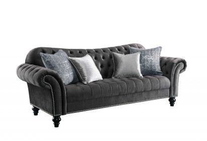 96" Dark Gray Velvet Sofa And Toss Pillows With Black Legs