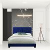 Dark Blue Standard Bed Upholstered With Nailhead Trim And With Headboard