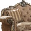 69" Brown And Platinum Damask Chesterfield Loveseat
