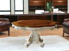 62" Brown And White Free Form Solid Wood Pedestal Base Dining Table