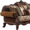 37" Oak Velvet Damask Sofa And Toss Pillows With Espresso Legs
