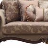 38" Beige Polyester Blend Curved Floral Sofa And Toss Pillows With Brown Legs