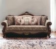 38" Beige Polyester Blend Curved Floral Sofa And Toss Pillows With Brown Legs