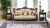 42" Beige Polyester Blend Curved Damask Sofa And Toss Pillows With Brown Legs