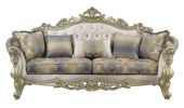40" Antiqued White Velvet Curved Floral Sofa And Toss Pillows With Champagne Legs
